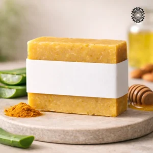 Jabón Iluminador Cúrcuma, Aloe & Miel Luz Azul, limpieza suave, sólido, con Cúrcuma, Aloe vera