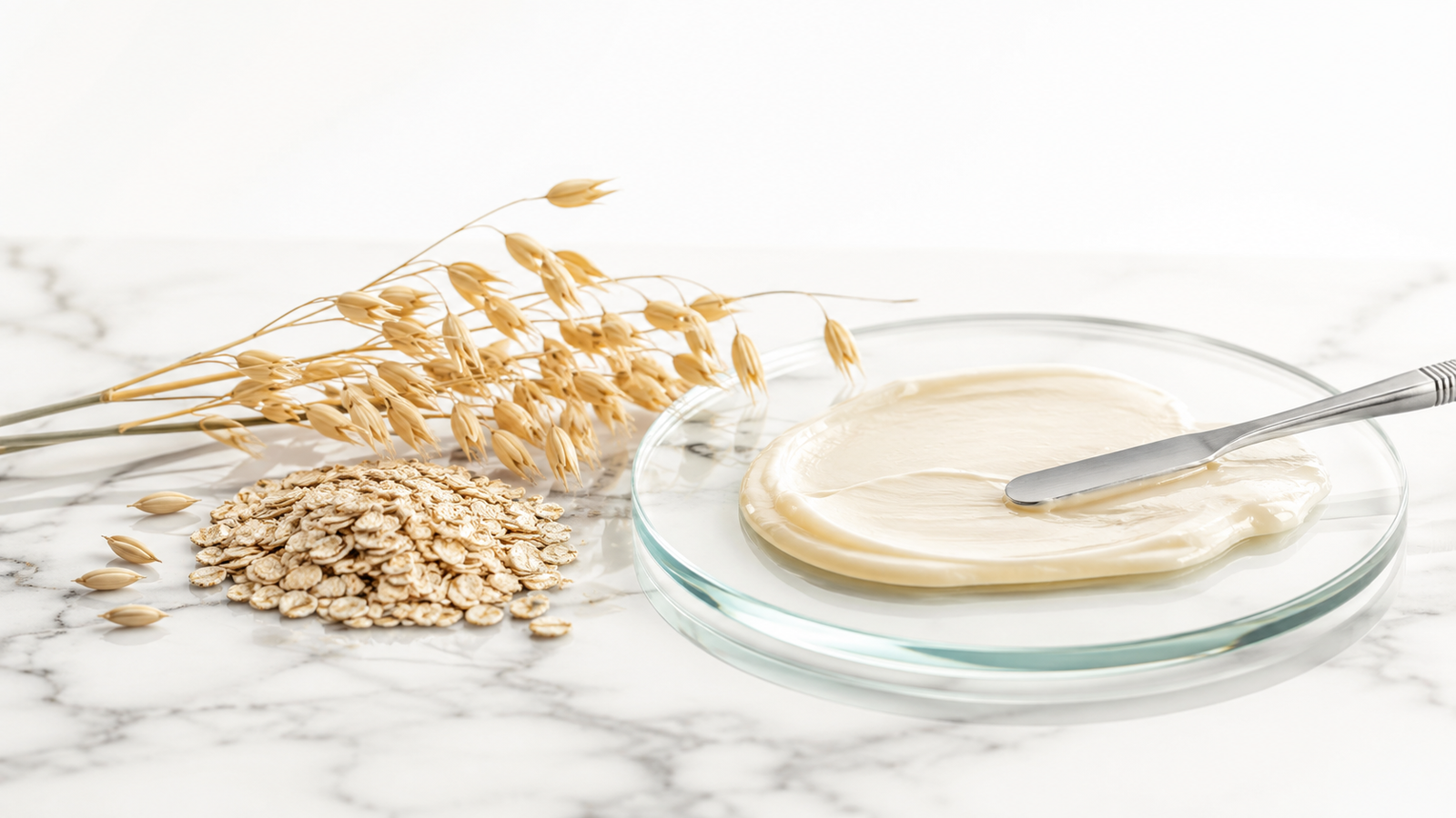Avena cosmética con granos enteros, espigas doradas y una crema suave color marfil extendida con espátula sobre una placa de vidrio. 